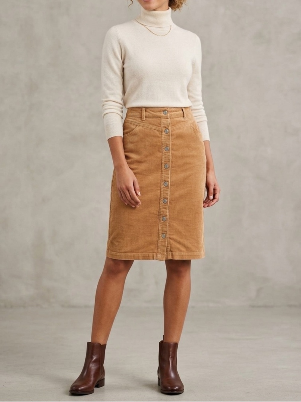 Corduroy Button-Front Skirt | Camel Tan High-Waisted Midi Pencil Skirt💛
